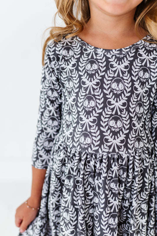 PREORDER Skelly Bowtique Charcoal V Back Three Quarter Sleeve Twirly Dress