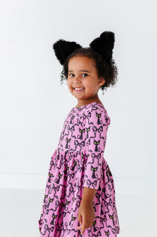 PREORDER Pink Black Cats V Back Three Quarter Sleeve Twirly Dress